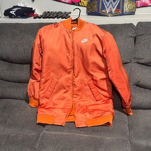 Nike Orange Satin Bomber Jacket with White Swoosh
